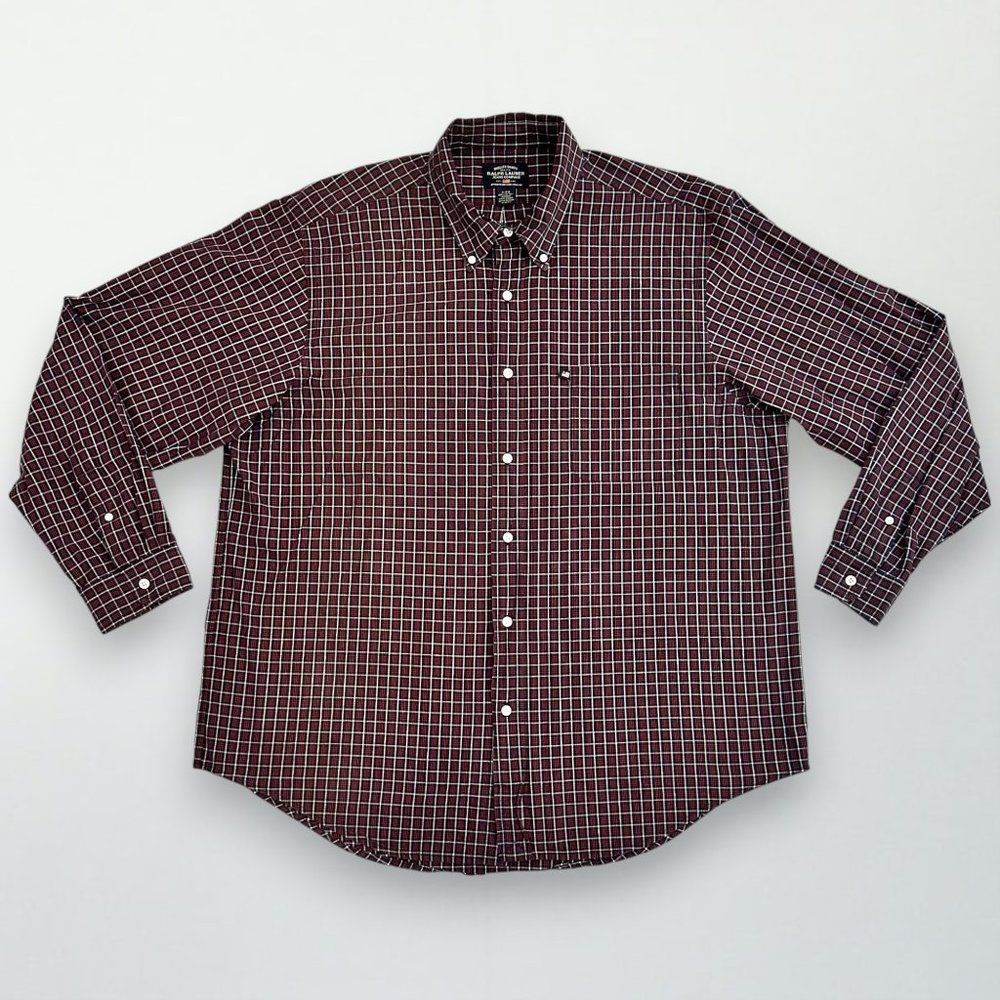 Vintage Ralph Lauren Jeans Co Dark Red Plaid Button Up Long Sleeve Shirt Size XL